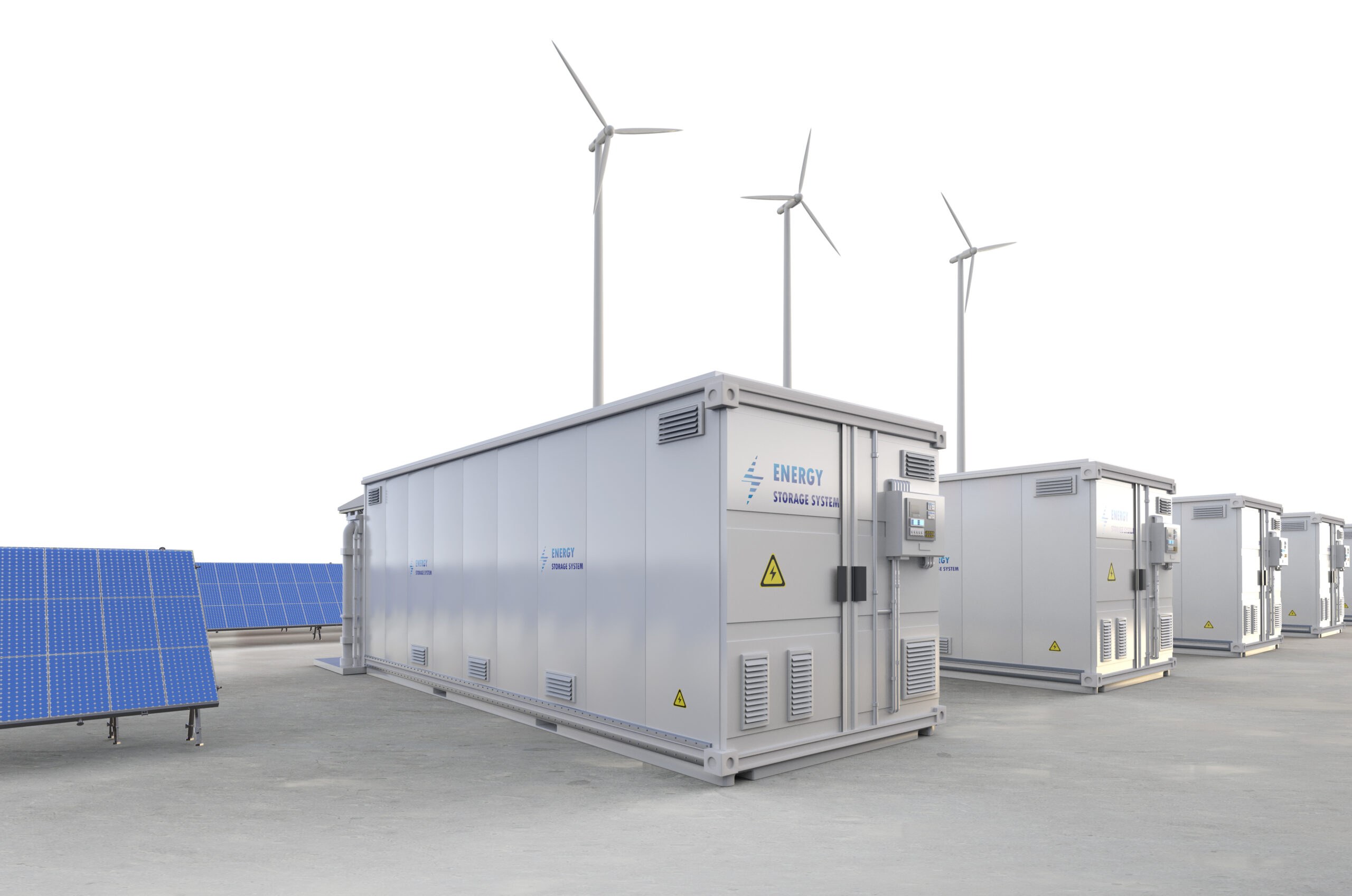 Os grandes sistemas de baterias guardam a energia solar e eólica para os horários de pico.