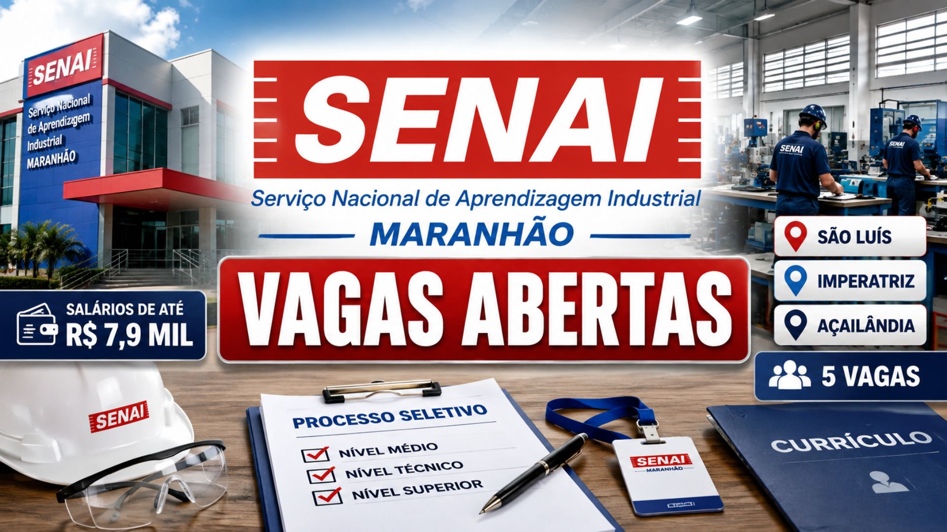 Senai-MA oferece cinco vagas em São Luís, Imperatriz e Açailândia, com salários de até R$ 7.910,97 e inscrições até 4 de agosto pelo Sistema FIEMA - Foto: Click Petróleo e Gás / Reprodução.